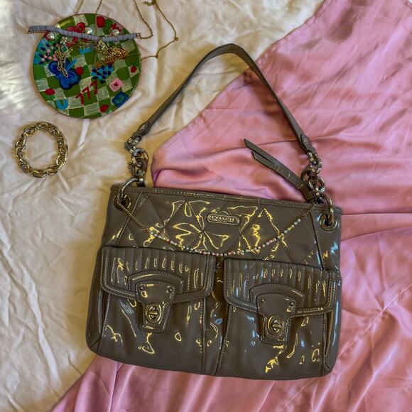 COACH F17638 Quilted Patent Leather Shoulder Bag | Taupe Gray Pop Pocket Hobo - Picture 4 of 10